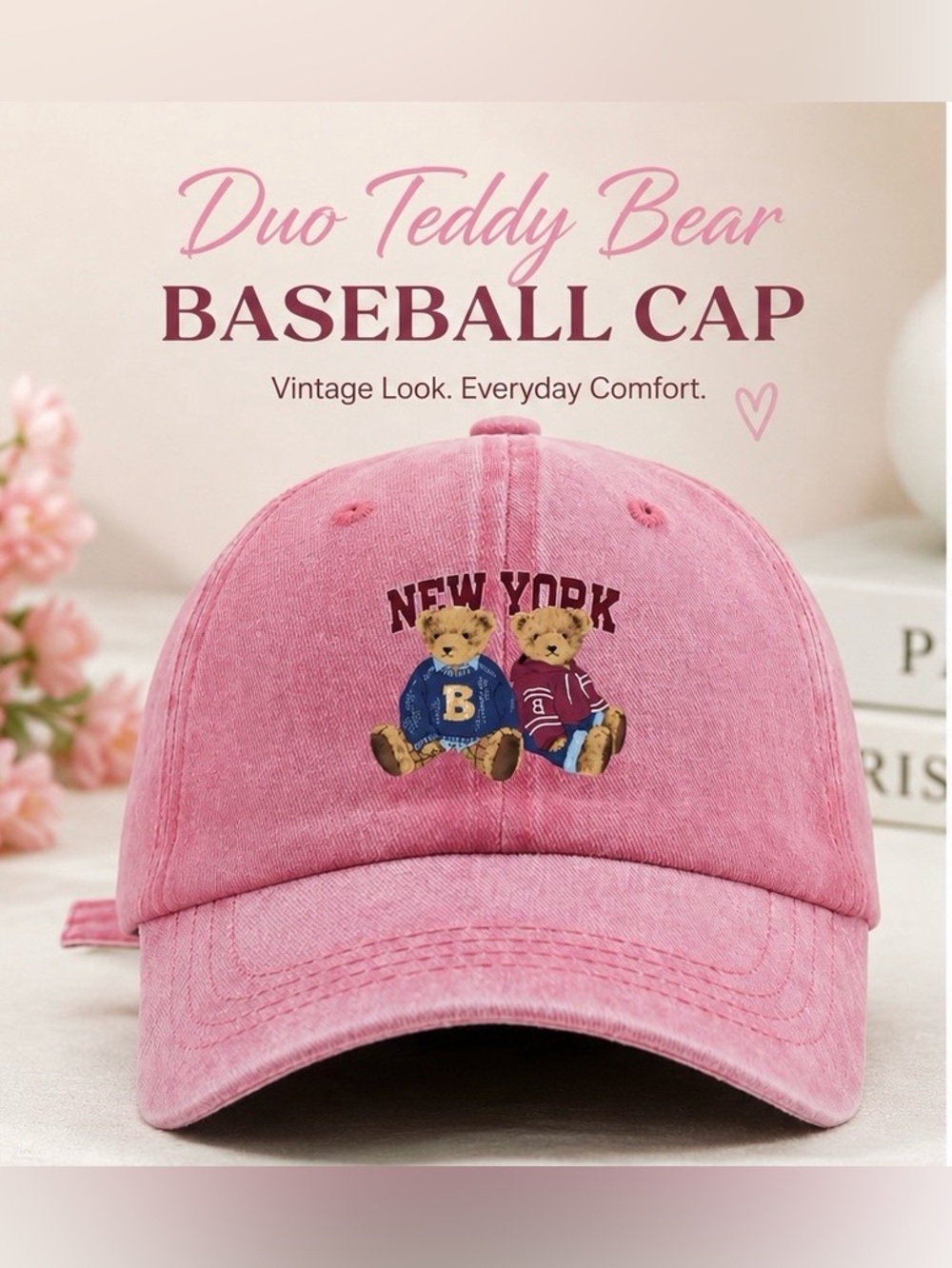 Pink Washed Baseball Cap | Duo Teddy Bear Print | Ajustable, New 🧸💗